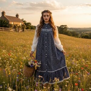 Gunne Sax Vintage 1970's Cottagecore Puff Sleeve Floral Sz 9 Midi Dress